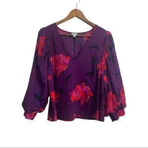 A New Day Purple Balloon Sleeve Floral V neck Crop Top Blouse Large, Lightweight